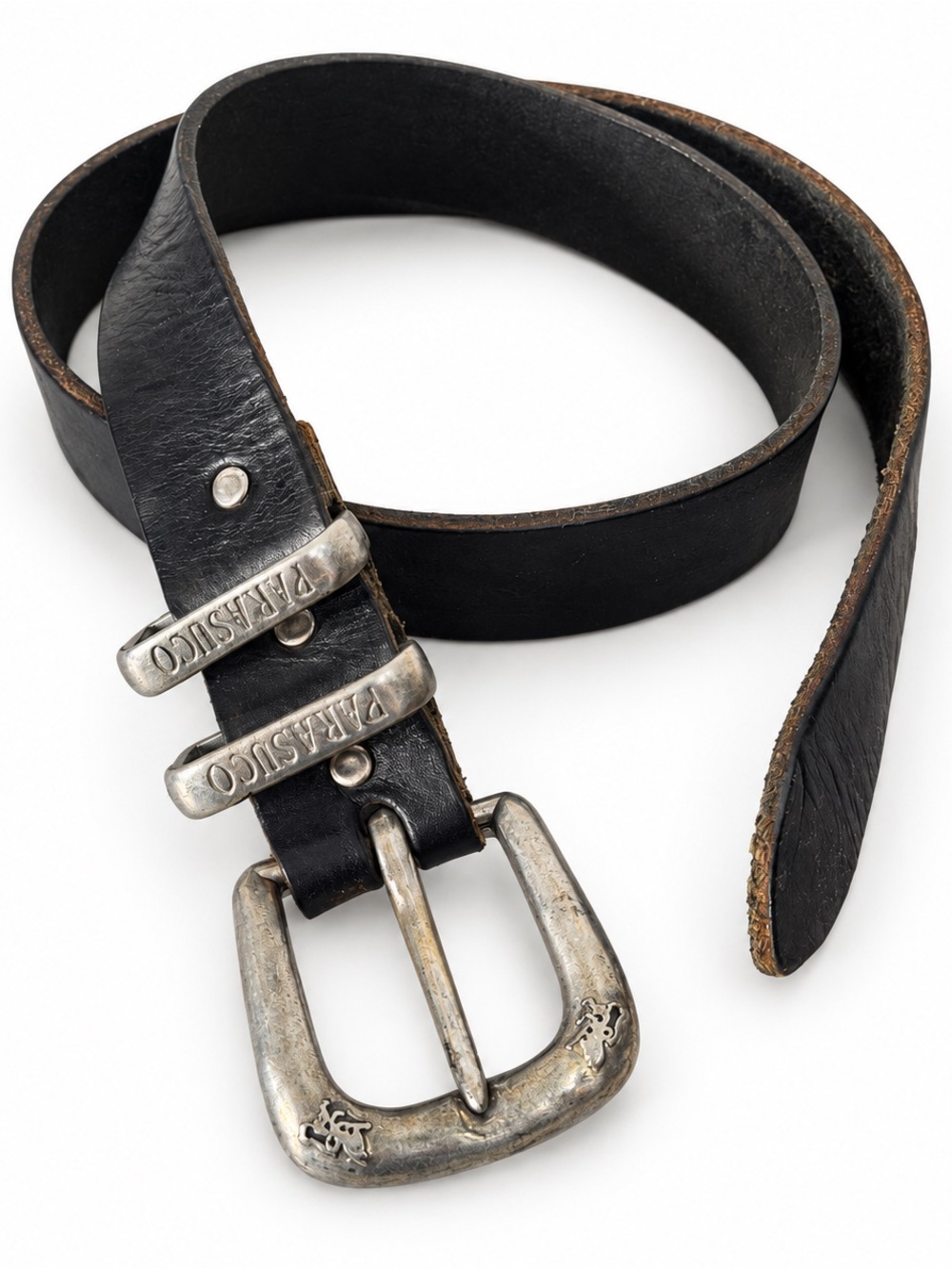 Vintage Parasuco Black Leather Belt Silver Buckle 90s Grunge M 29”-34” Unisex